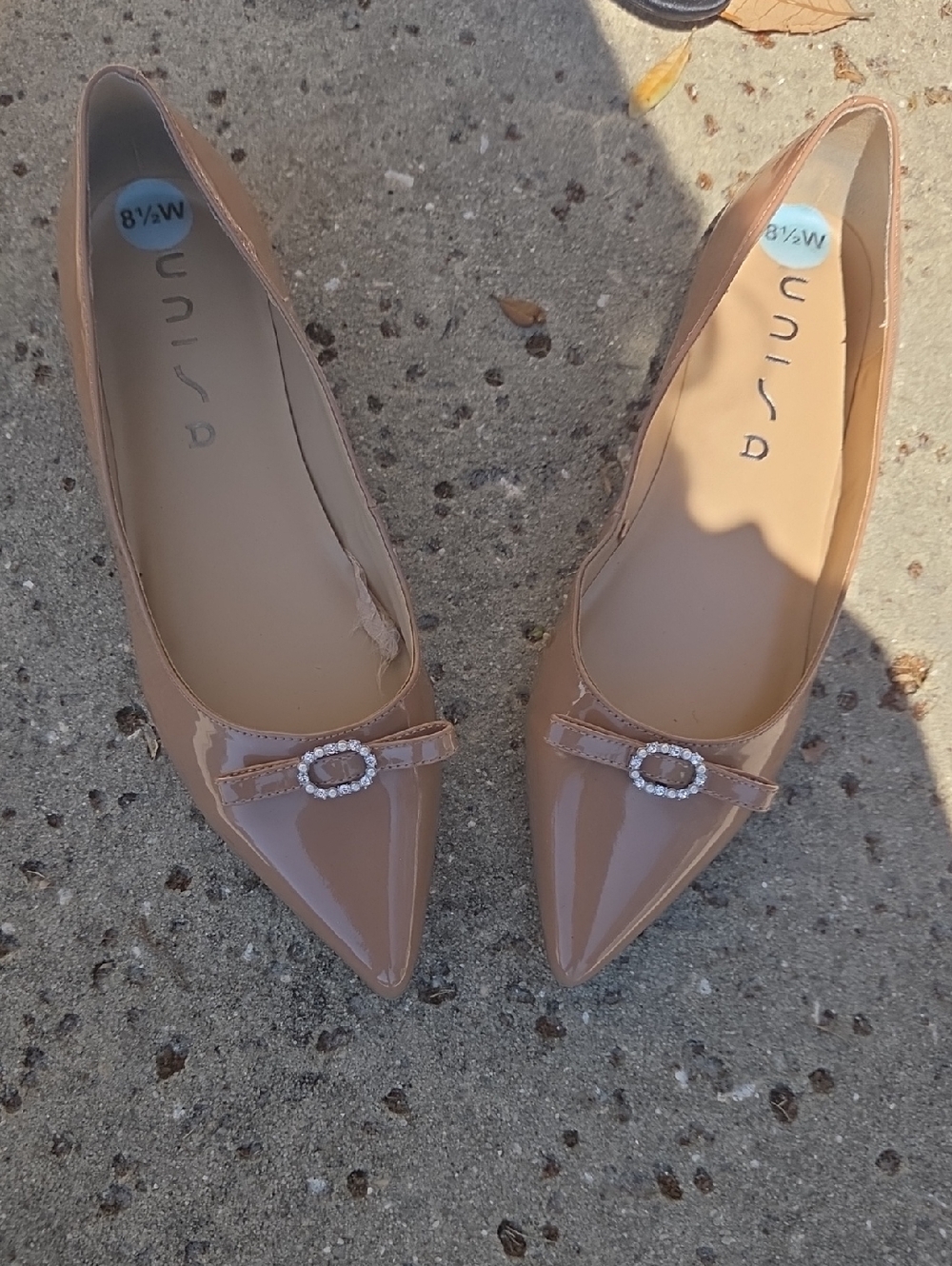 Unisa Patent Pointed-Toe Flats with Crystal Buckle - Nude/Tan